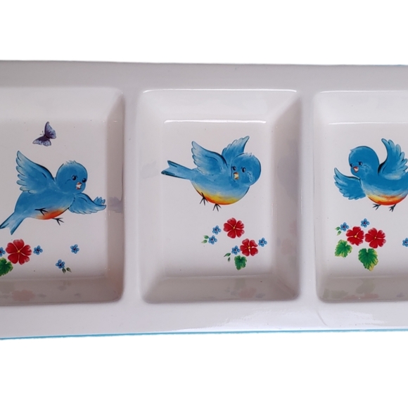 Snack Dip Tray Three Compartment Bluebirds Flowers Butterfly White Blue … - Picture 4 of 14